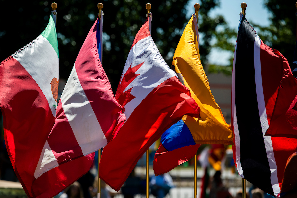 National flags blowing in wind